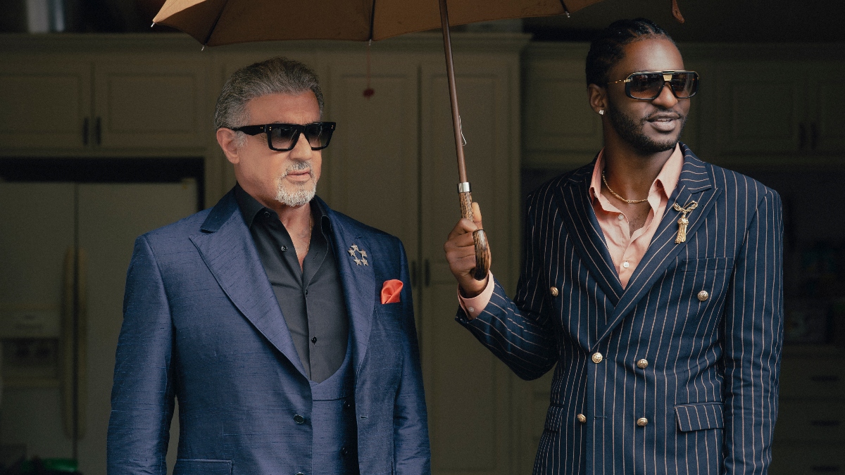 Sylvester Stallone as Dwight Manfredi and Jay Will as Tyson, Tulsa King, 2025