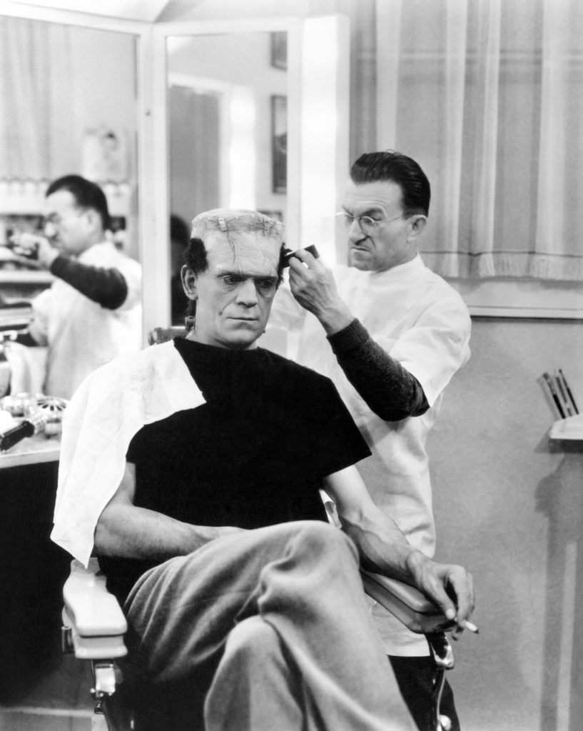 BRIDE OF FRANKENSTEIN, (from left): Boris Karloff, makeup artist Jack P. Pierce on-set, 1935