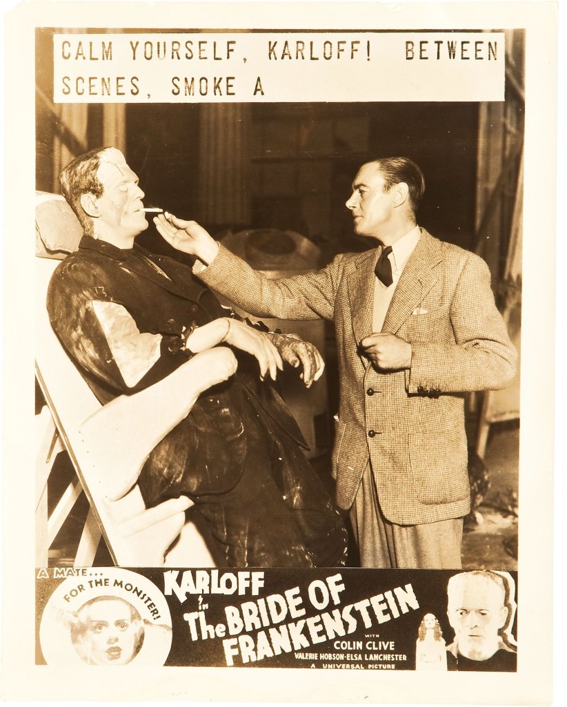 Bride Of Frankenstein, poster, TOP l-r: Boris Karloff, Colin Clive on set for promotional shot, bottom l-r: Elsa Lanchester, Valerie Hobson, Boris Karloff, 1935