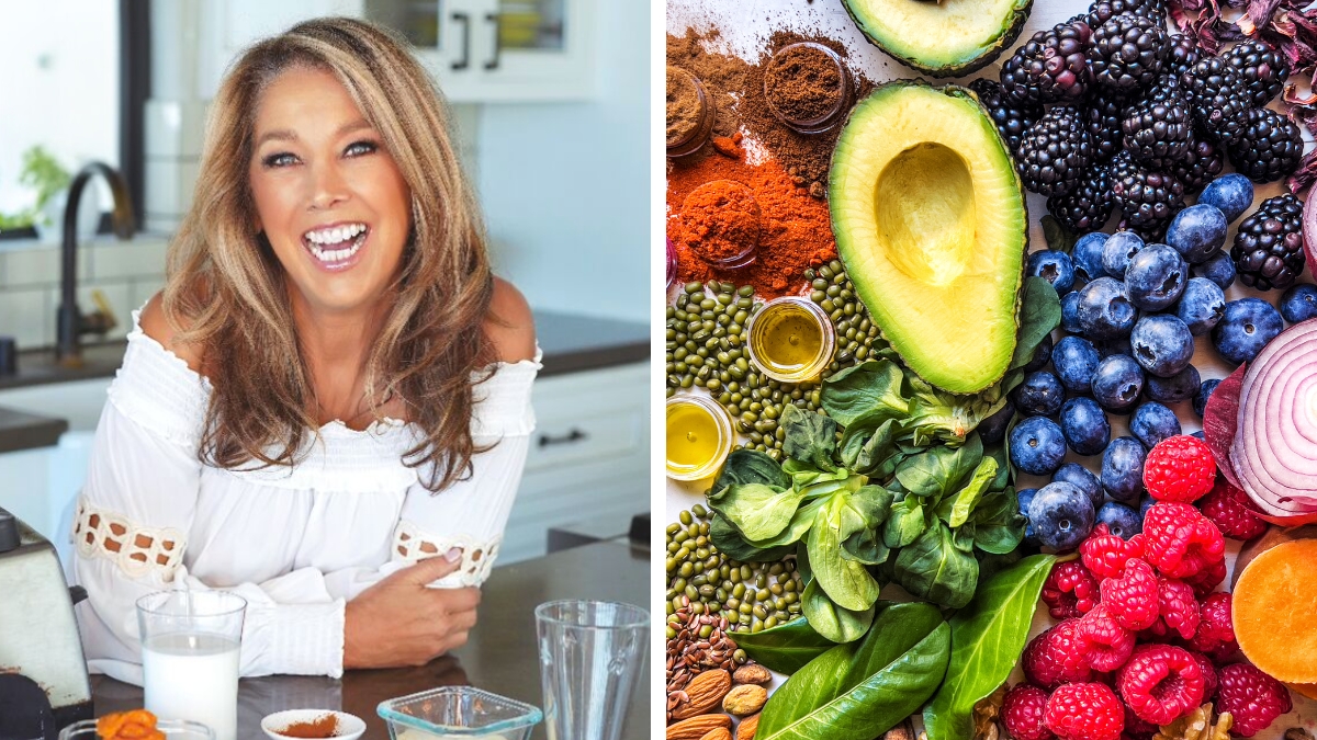 Split image of Denise Austin (left), and anti-inflammatory foods such as fresh produce (right)