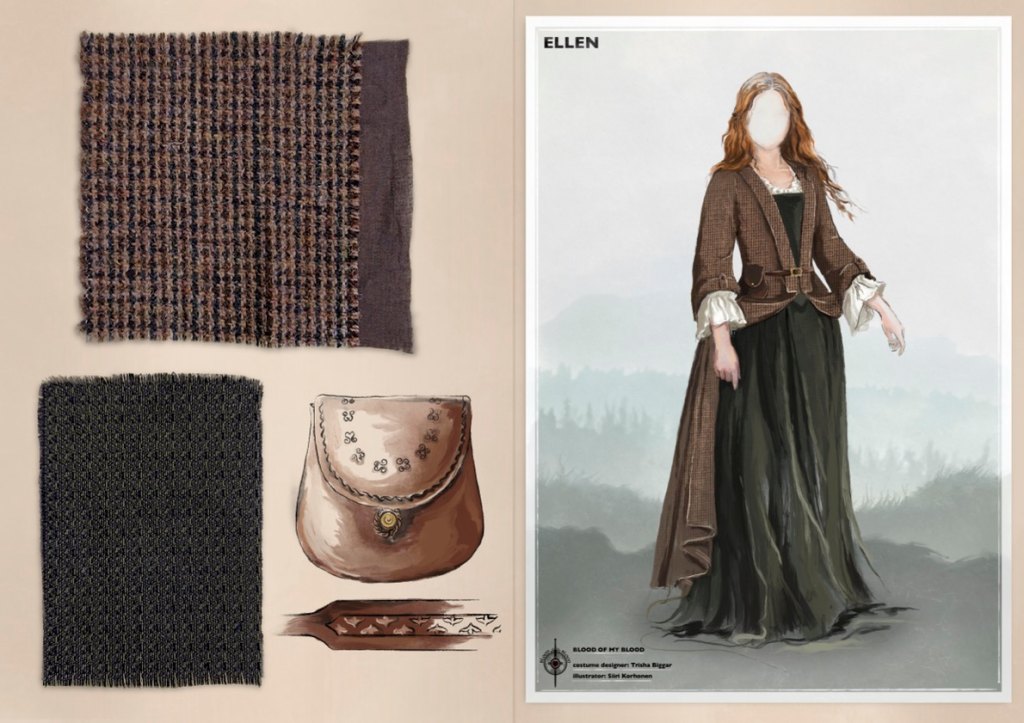 Sketch of a costume worn by Harriet Slater as Ellen MacKenzie in Blood of My Blood