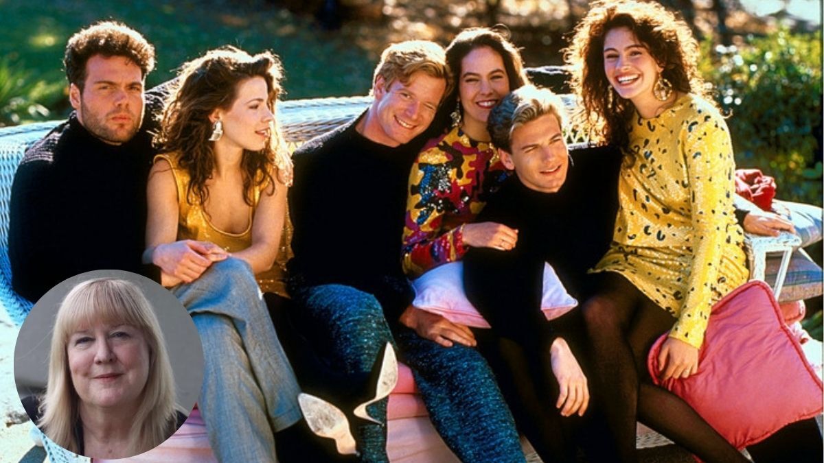 Costume designer Jennifer von Mayrhauser (at bottom left) and the cast of 'Mystic Pizza' (left to right: Vincent D'Onofrio, Lili Taylor, William R. Moses, Annabeth Gish, Adam Storke and Julia Roberts)