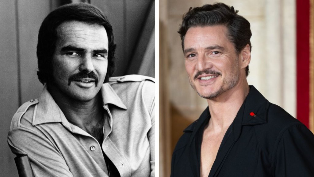 Left: Burt Reynolds in 1973; Right: Pedro Pascal in 2024