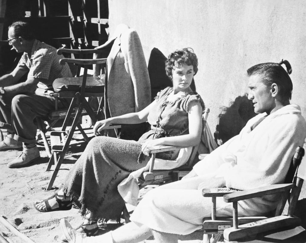 SPARTACUS, from left: Jean Simmons, Kirk Douglas on set, 1960