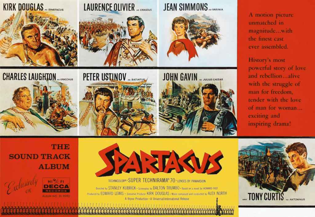 SPARTACUS, top from left: Kirk Douglas, Laurence Olivier, Jean Simmons, center from left: Charles Laughton, Peter Ustinov, John Gavin, lower right: Tony Curtis on poster art promoting soundtrack, 1960.