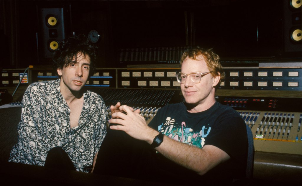 Tim Burton and Danny Elfman in recording studio for The Nightmare Before Christmas