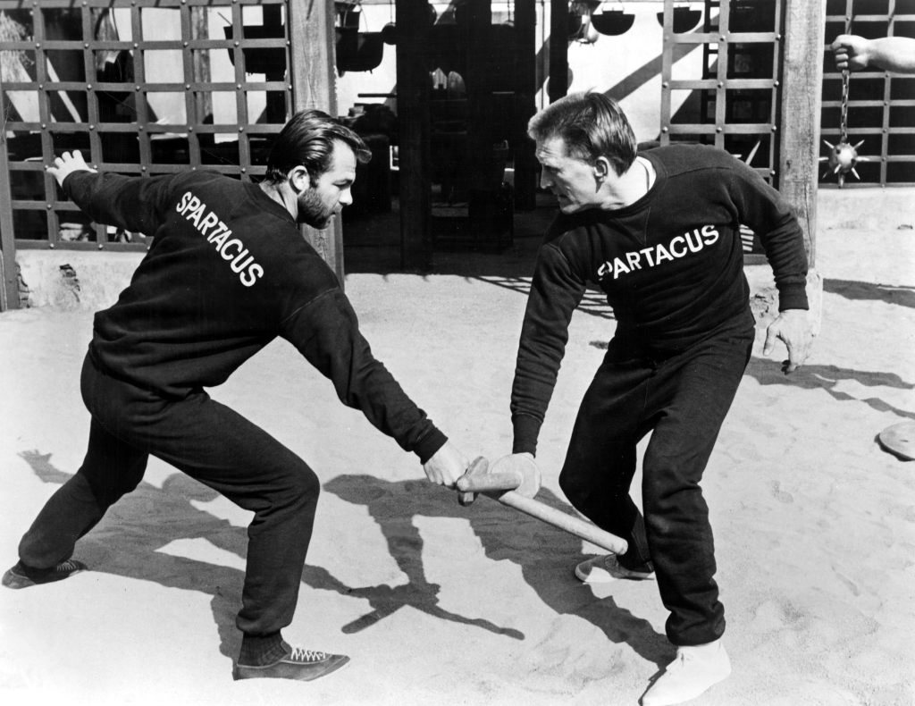 Kirk Douglas rehearsing scenes from ""Spartacus