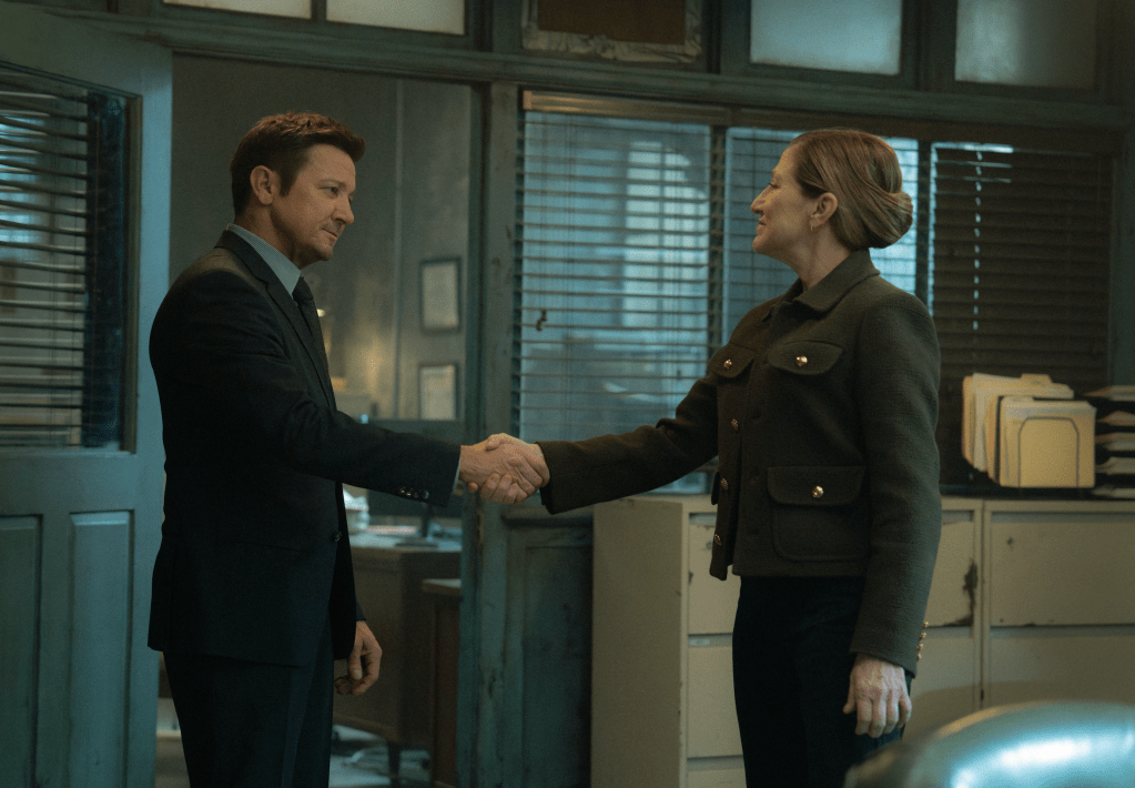 Jeremy Renner as Mike McLusky and Edie Falco as Nina Hobbs in Mayor of Kingstown season 4, 2025