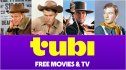 Clockwise from top left: Steve McQueen in 'Wanted: Dead or Alive,' Chuck Connors in 'The Rifleman,' Clint Eastwood in 'Hang 'Em High,' John Wayne in 'Stagecoach' and the Tubi logo.