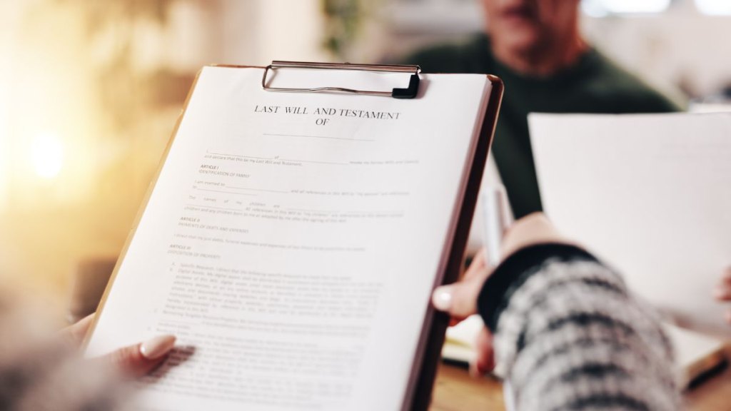 Hands, will and testament and people in office for application, future planning and asset protection. Advisor, document and clients in workplace for legal contract, agreement and finance preparation