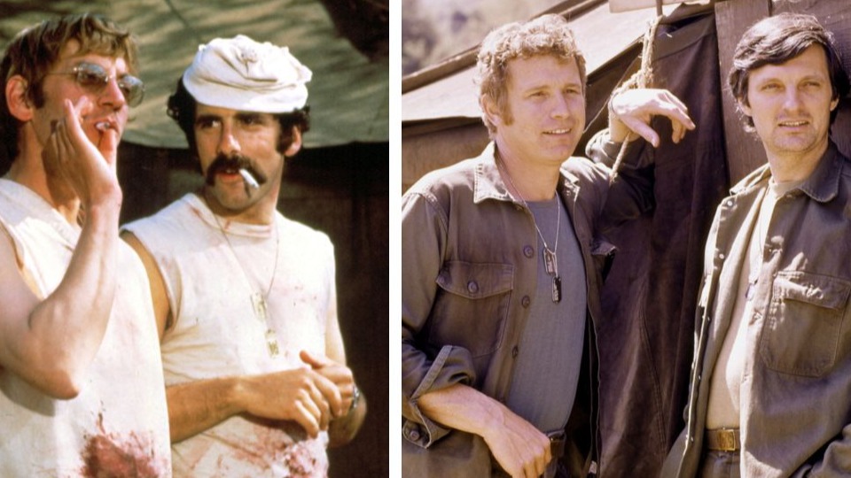 Left: Donald Sutherland and Elliott Gould in the 'M*A*S*H' movie (1970); Right: Wayne Rogers and Alan Alda in the 'M*A*S*H' TV show