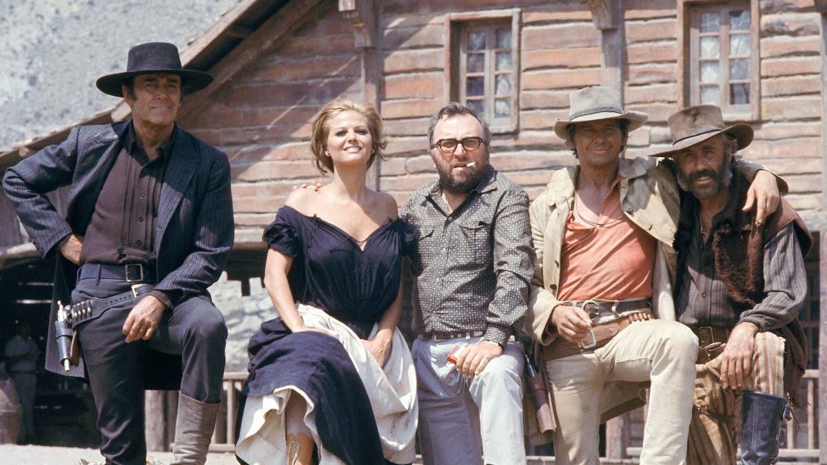 Left to right: Henry Fonda, Claudia Cardinale, Sergio Leone, Charles Bronson and Jason Robards on the set of 'Once Upon a Time in the West'