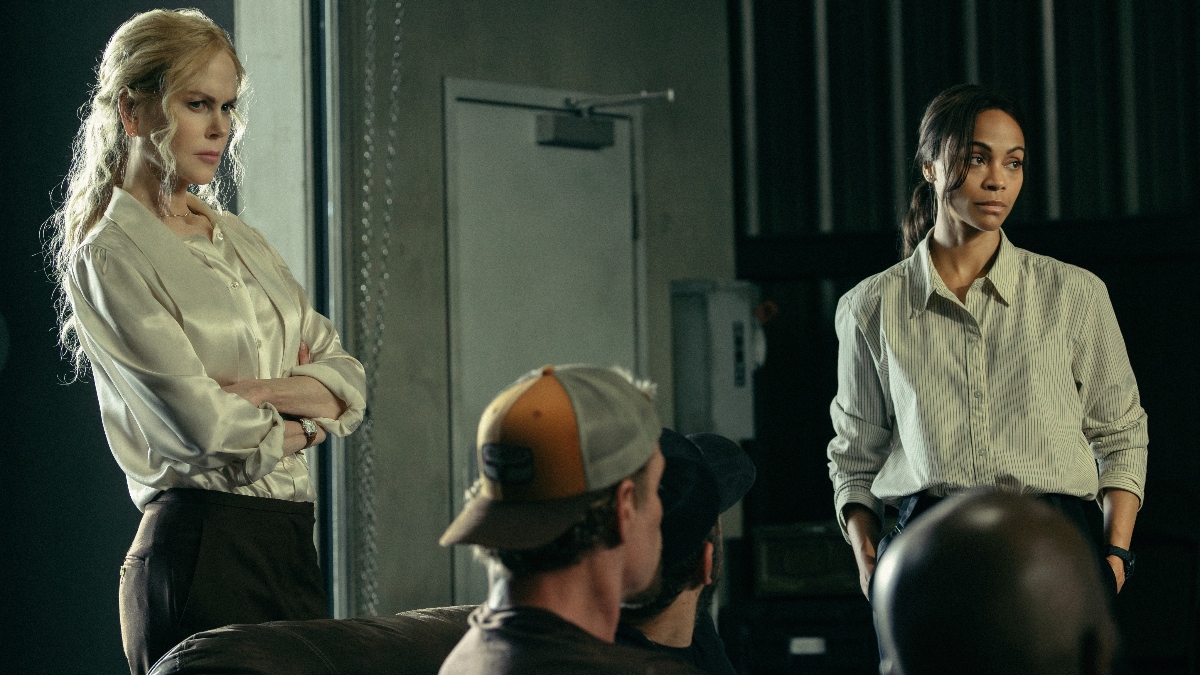 Nicole Kidman as Kaitlyn Meade and Zoe Saldana as Joe in Lioness, 2024