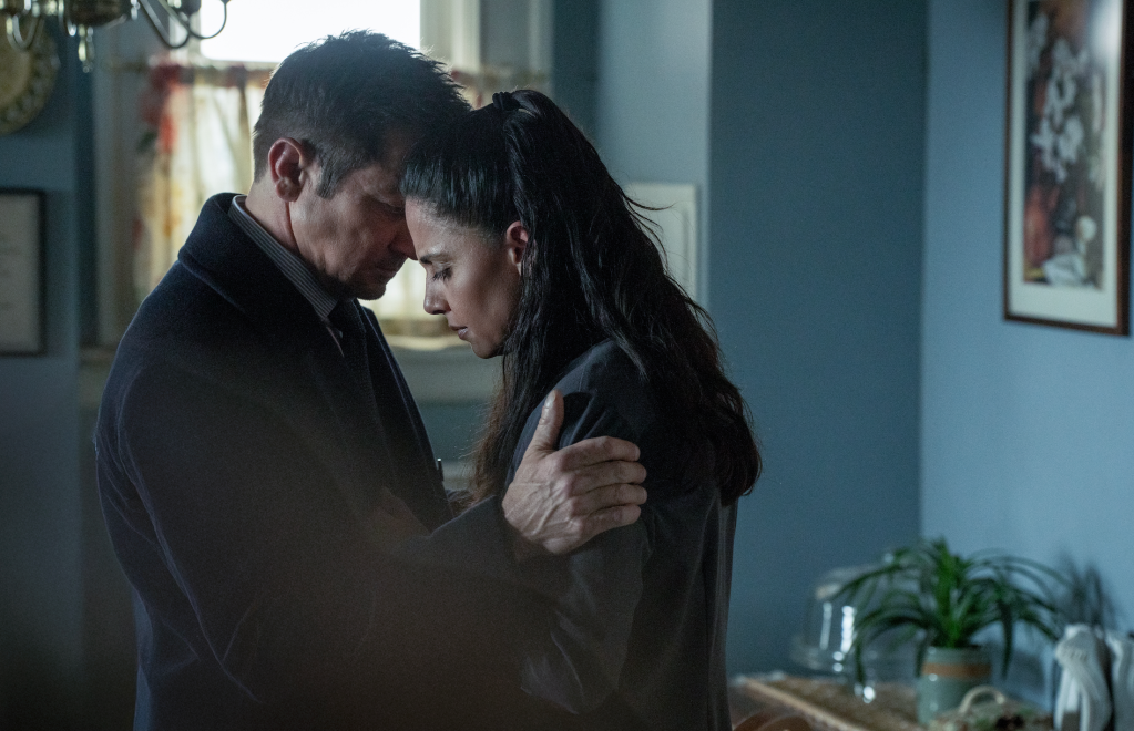Jeremy Renner as Mike McLusky and Nishi Munshi as Tracy McLusky in Mayor of Kingstown season 4, 2025