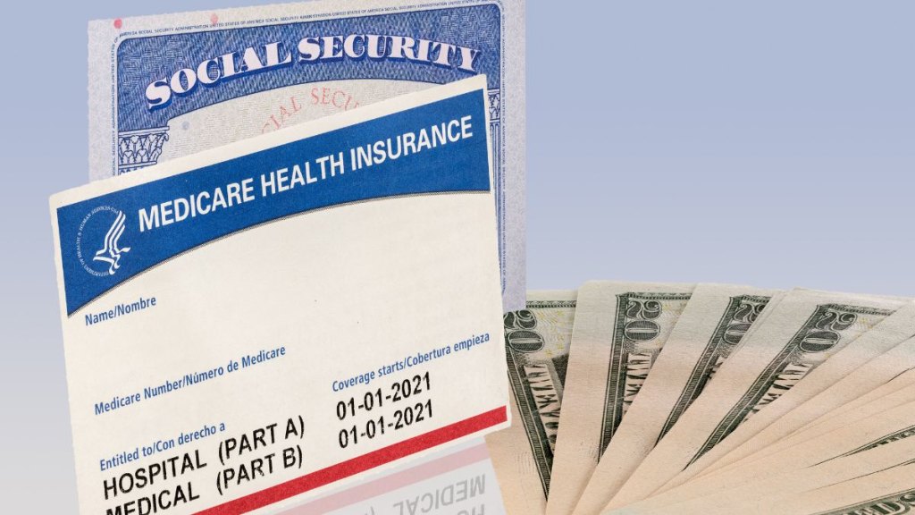USA social security card and a Medicare health insurance card with 20 dollar paper currency to show funding crisis