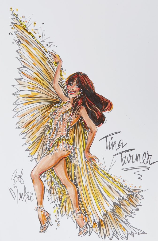Bob Mackie's sketch for Tina Turner's winged 1977 costume