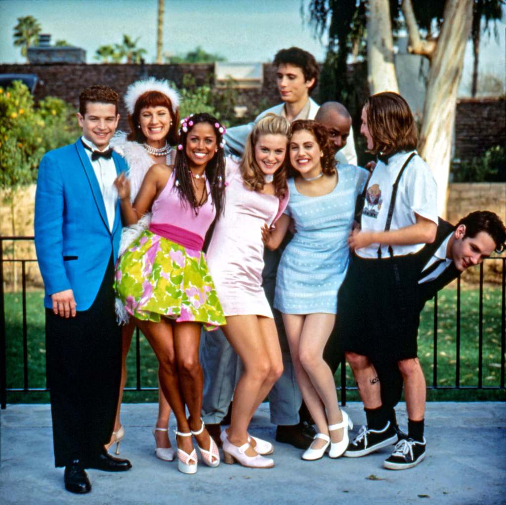The cast of Clueless (left to right: Justin Walker, Elisa Donovan, Stacey Dash, Alicia Silverstone, Jeremy Sisto, Brittany Murphy, Donald Faison, Breckin Meyer and Paul Rudd)
