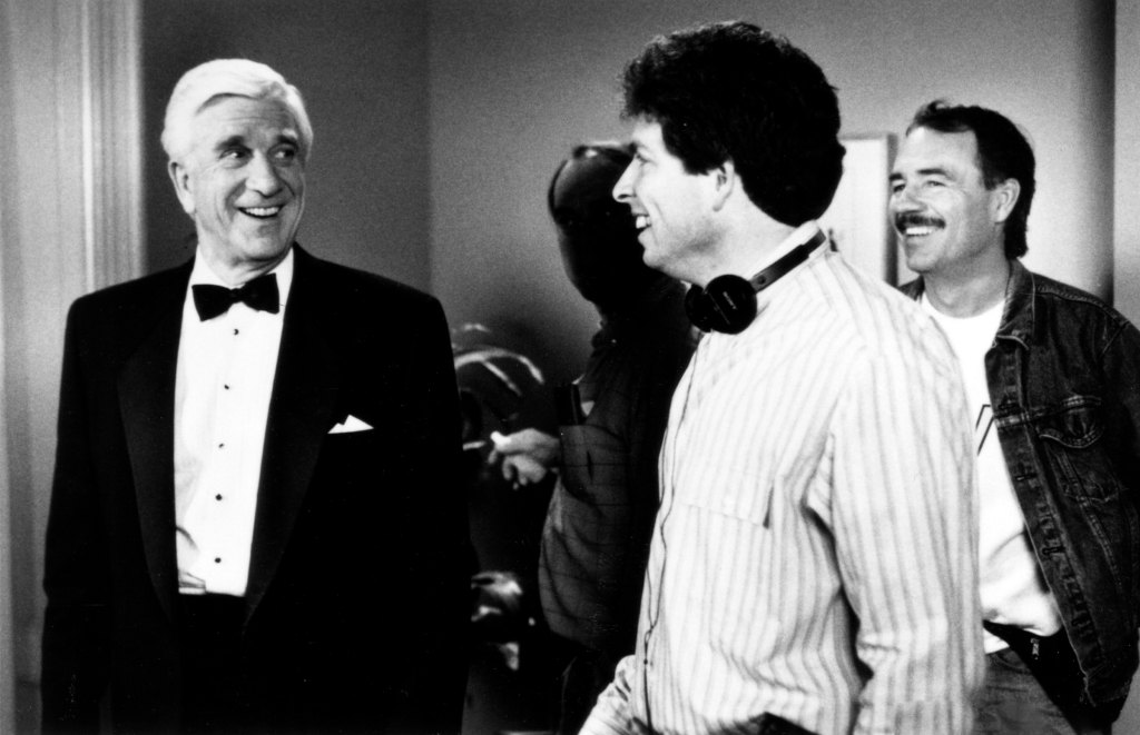 David Zucker and Leslie Nielsen behind the scenes of The Naked Gun 2 1/2: The Smell of Fear (1991)