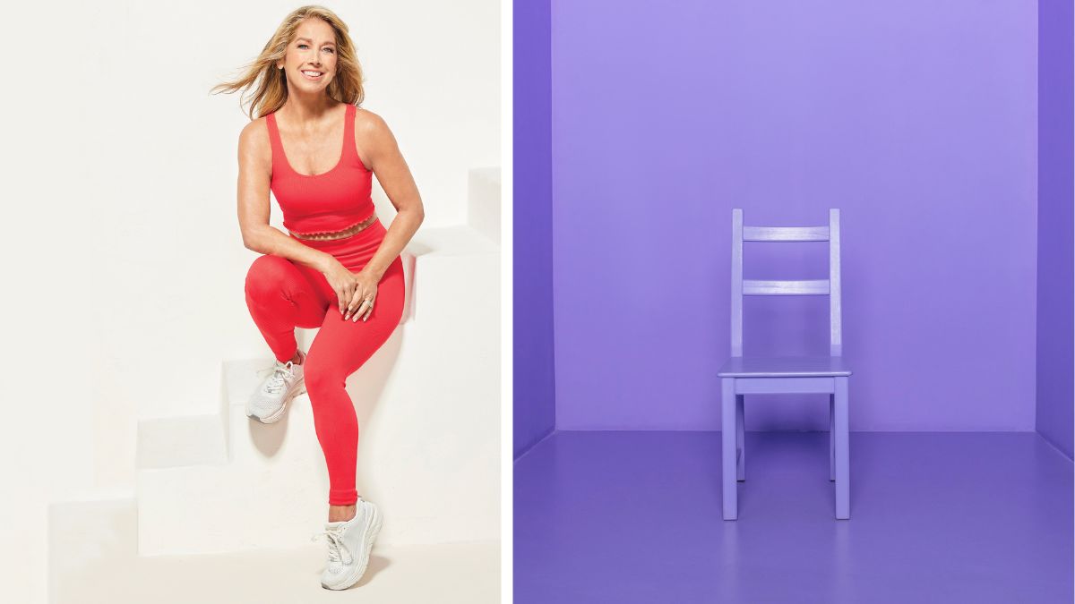 We see fitness icon Denise Austin sitting next to an empty chair, preparing to do chair exercises.