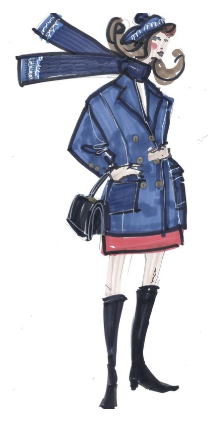 A sketch for a Frances Valentine look inspired by the opening credits of The Mary Tyler Moore Show