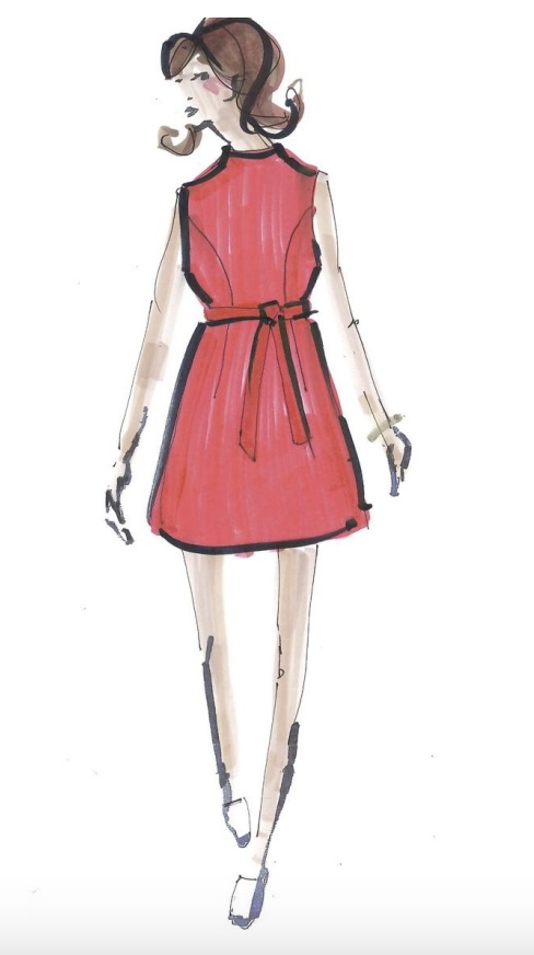 A sketch for a Frances Valentine shift dress inspired by The Mary Tyler Moore Show