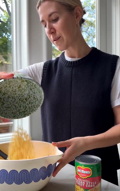 Justine Doiron prepares ingredients for her Esquites-Inspired Cornbread