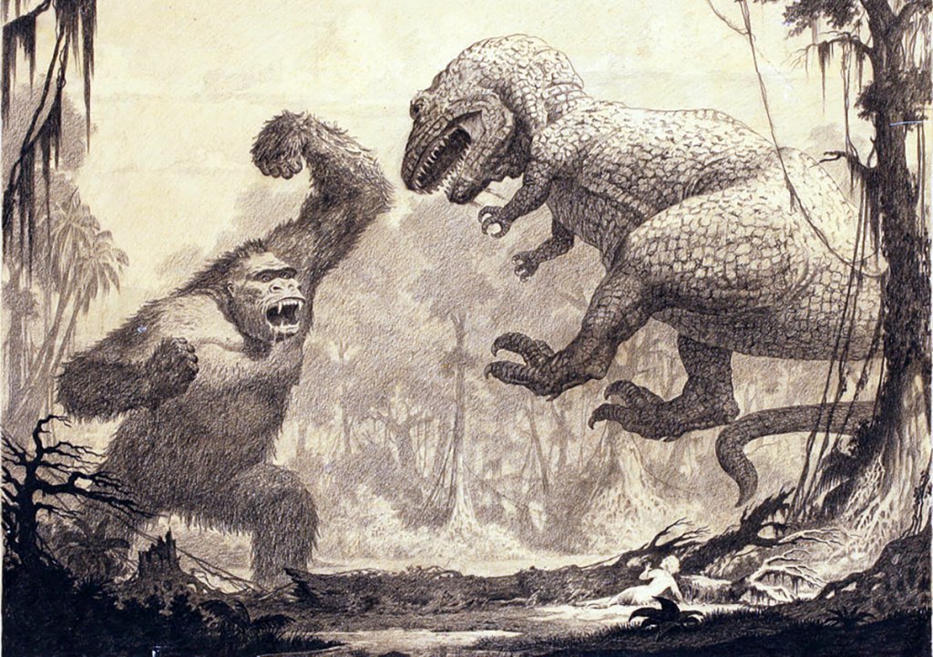 Production drawing of Kong vs. a T-Rex