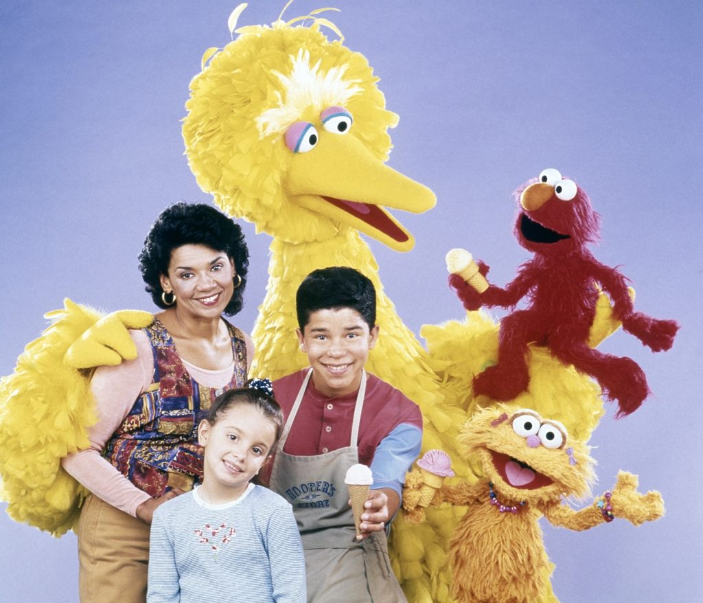 Sonia Manzano with her Sesame Street friends in 1995