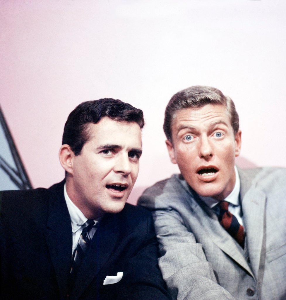 LAUGH LINE from left: Pat Harrington, Jr., Dick Van Dyke (host), on set, 1959.