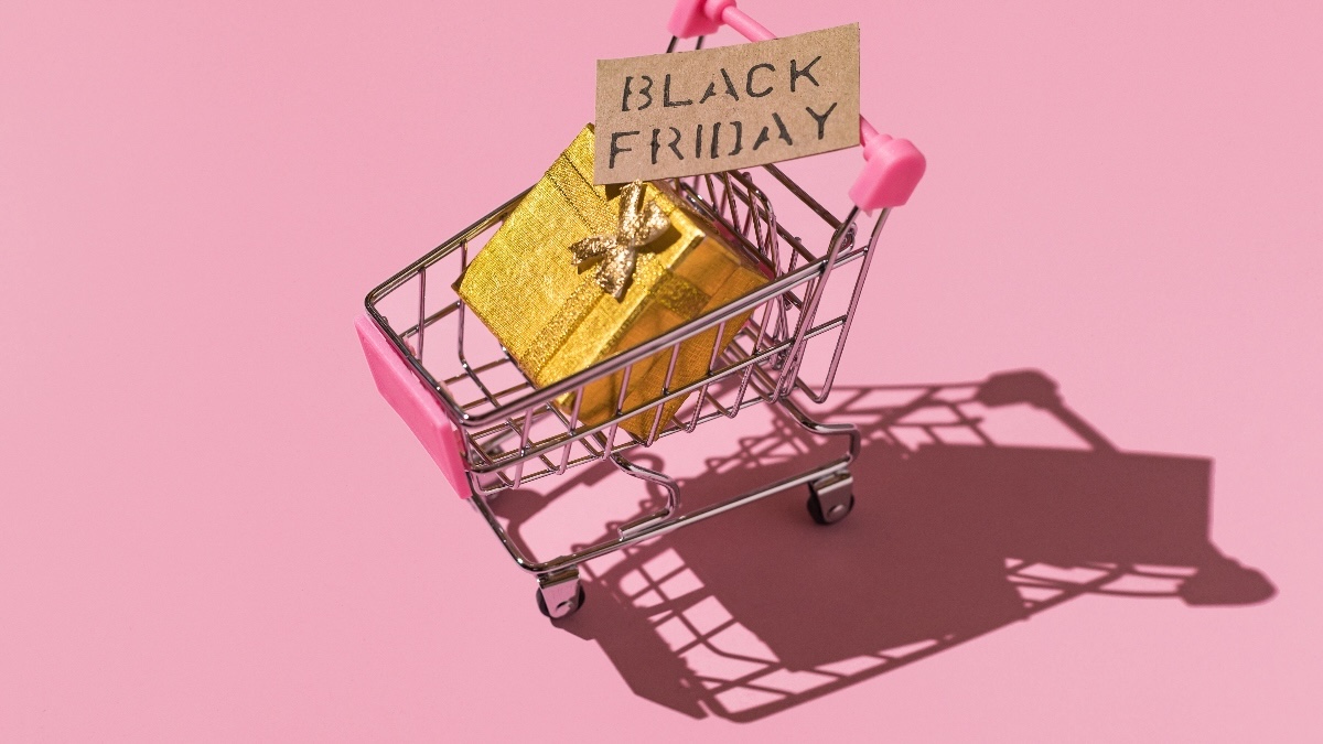 illustration of shipping card with Black Friday deals inside and gift boxes inside