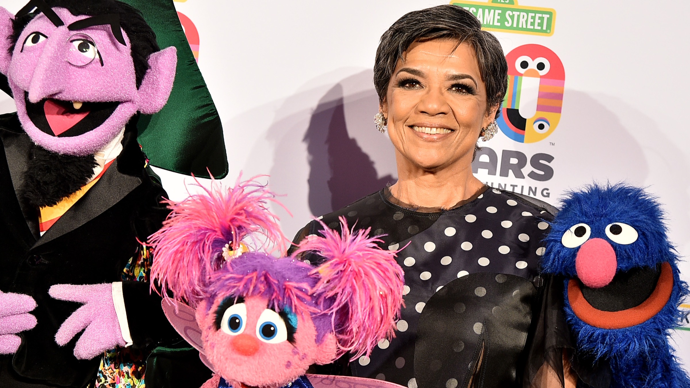 Sonia Manzano with her Muppet friends in 2019