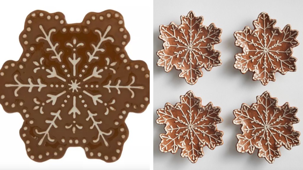 Hobby Lobby Gingerbread Snowflake Plate (Left) ; Pottery Barn Gingerbread Snowflake Stoneware Appetizer Plates (Right)