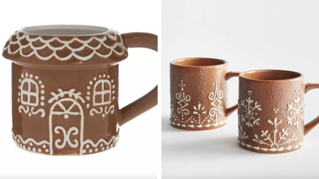 Hobby Lobby Gingerbread House Mug (Left) ; Pottery Barn Gingerbread Stoneware Mugs (Right)