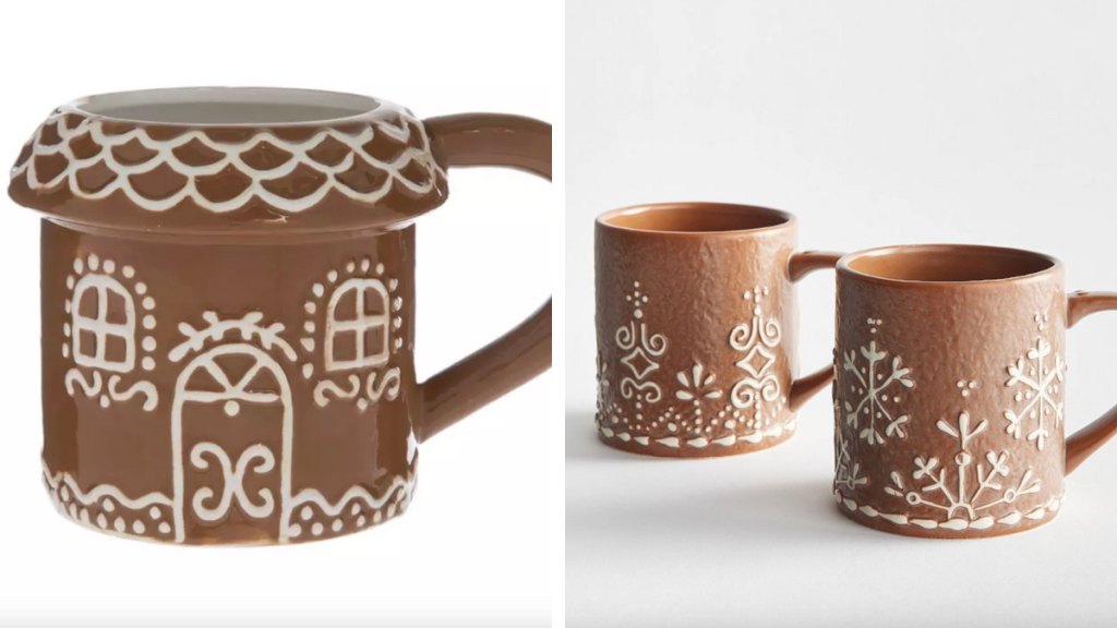 Hobby Lobby Gingerbread House Mug (Left) ; Pottery Barn Gingerbread Stoneware Mugs (Right)