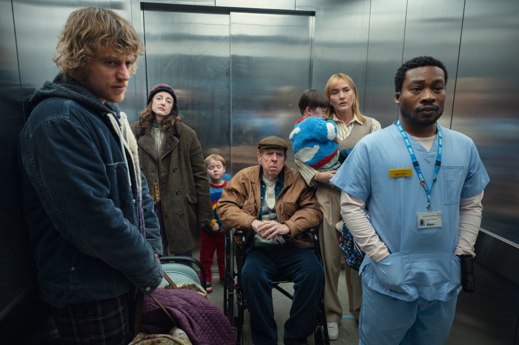 Johnny Flynn as Connor, Andrea Riseborough as Molly, Timothy Spall as Bernie, Kate Winslet as Julia in Goodbye June, 2025