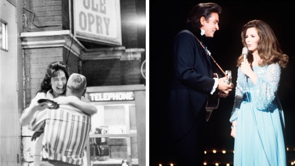 Left, Loretta Lynn outside of the Opry in 1960, Right: Johnny Cash and June Carter Cash performing in the “sacred circle” in 1970.