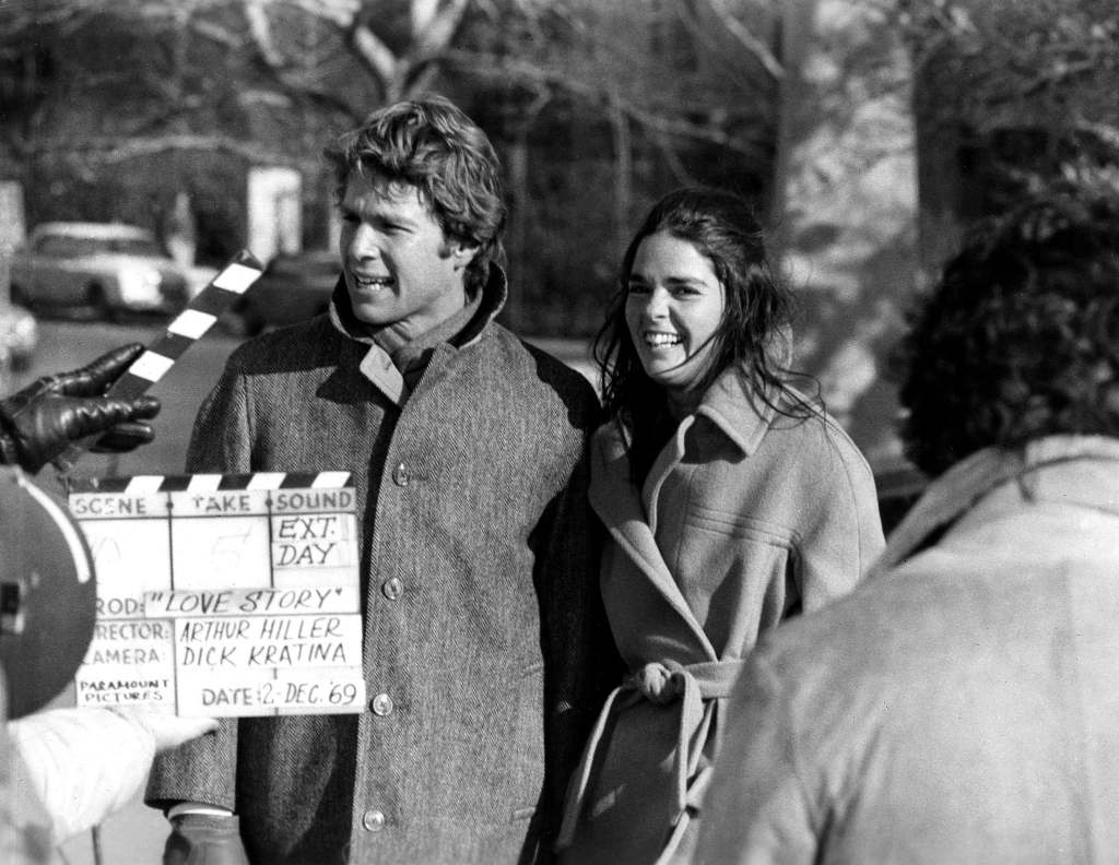 Ryan O'Neal and Ali MacGraw behind the scenes of Love Story
