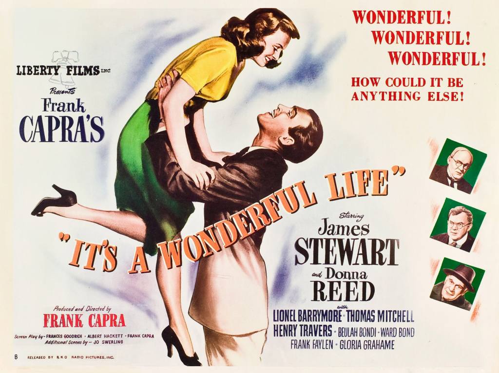 IT'S A WONDERFUL LIFE, center from left: Donna Reed, James Stewart, right from top: Lionel Barrymore, Thomas Mitchell, Henry Travers on poster art, 1946
