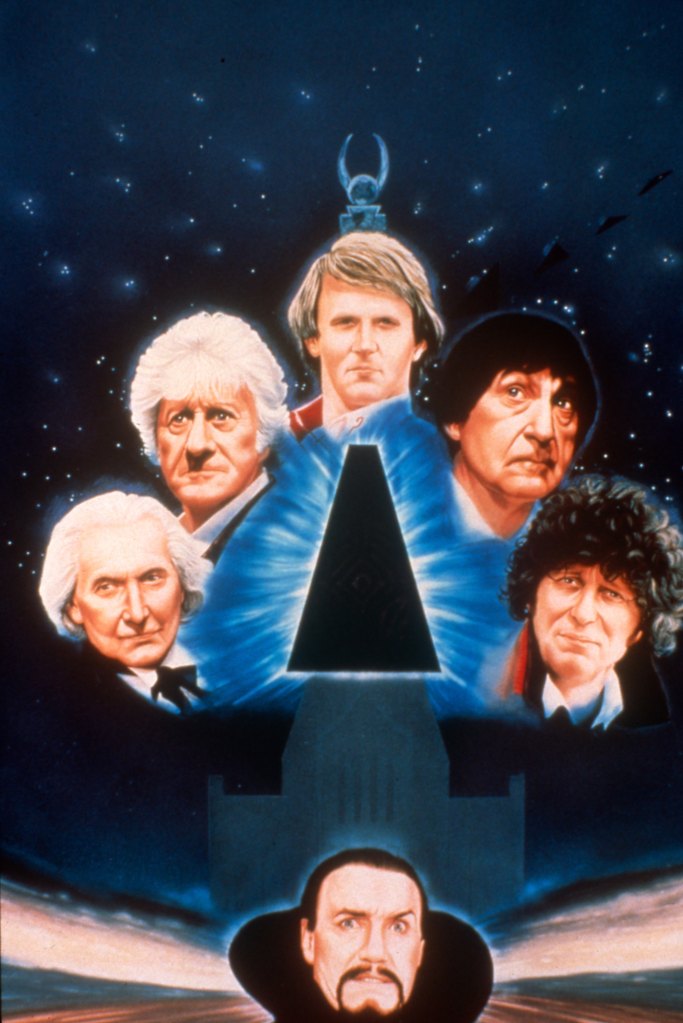 DOCTOR WHO, (aka DR. WHO), clockwise from bottom center: Anthony Ainley, Richard Hurndall, Jon Pertwee, Peter Davison, Patrick Troughton, Tom Baker, 'The Five Doctors,' (Season 20, Episode 23, aired NOV 3, 1983), 1963-89.