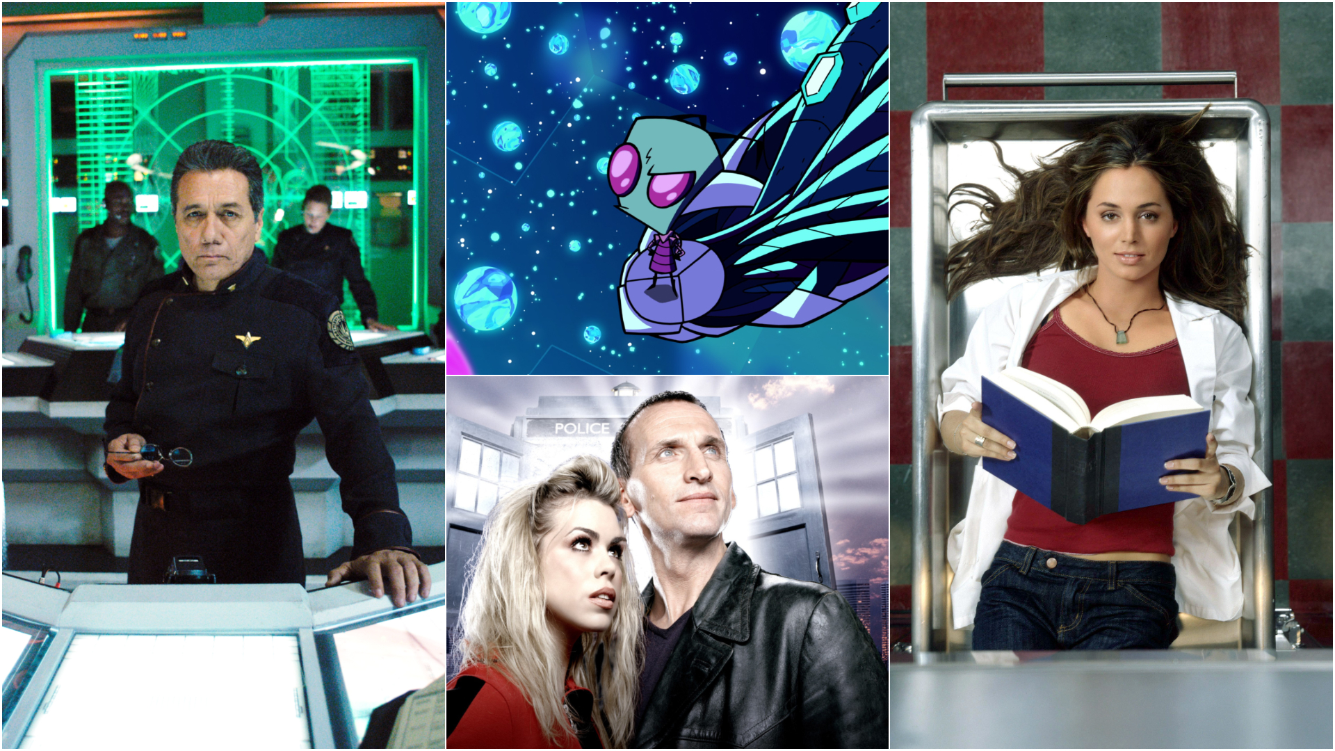 Clockwise from left: Battlestar Galactica, Invader Zim, Tru Calling and Doctor Who
