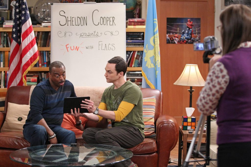 BIG BANG THEORY, l-r: LeVar Burton, Jim Parsons, Mayim Bialik in 'The Champagne Reflection' (Season 8, Episode 10, aired November 20, 2014)