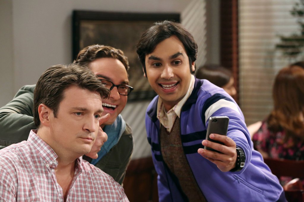 THE BIG BANG THEORY, (from left): Nathan Fillion, Johnny Galecki, Kunal Nayyar, 'The Comic Book Store Regeneration', (Season 8, ep. 815, aired Feb. 19, 2015). 