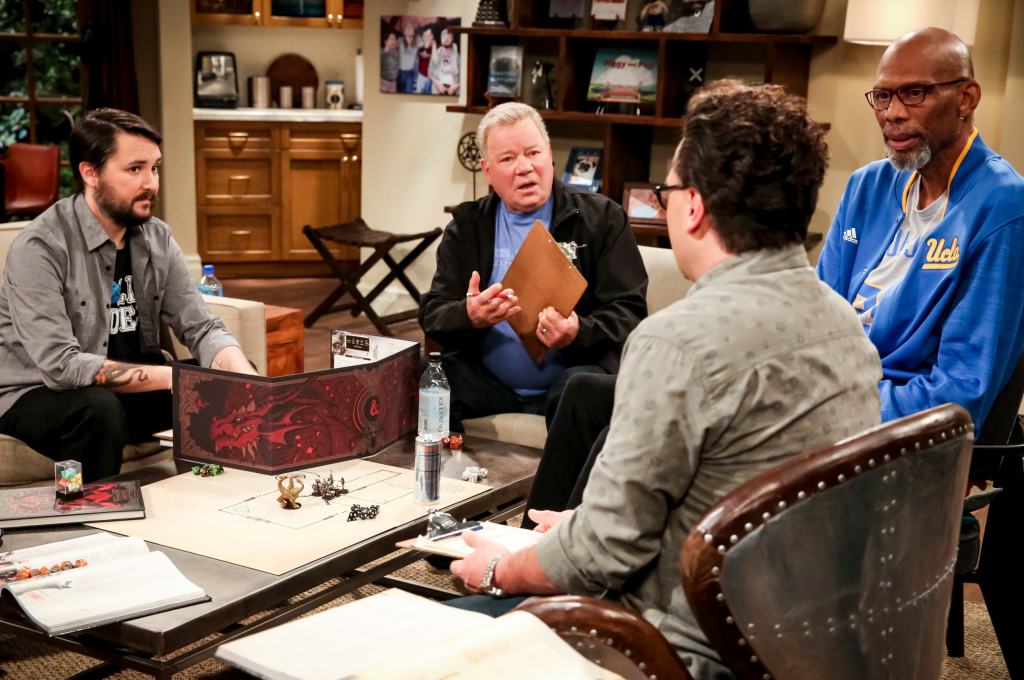 THE BIG BANG THEORY, from left: Wil Wheaton, William Shatner, Johnny Galecki (back to camera), Kareem Abdul-Jabbar, 'The D & D Vortex', (Season 12, ep. 1216, aired Feb. 21, 2019).