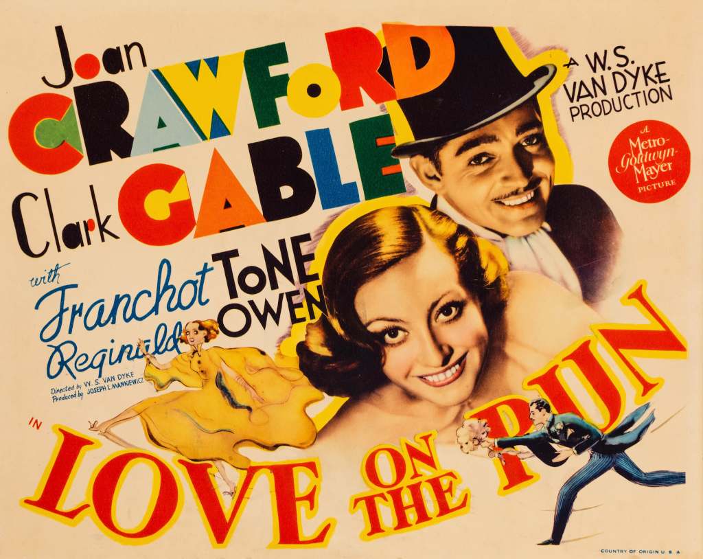 A lobby card for the 1936 romantic comedy Love on the Run