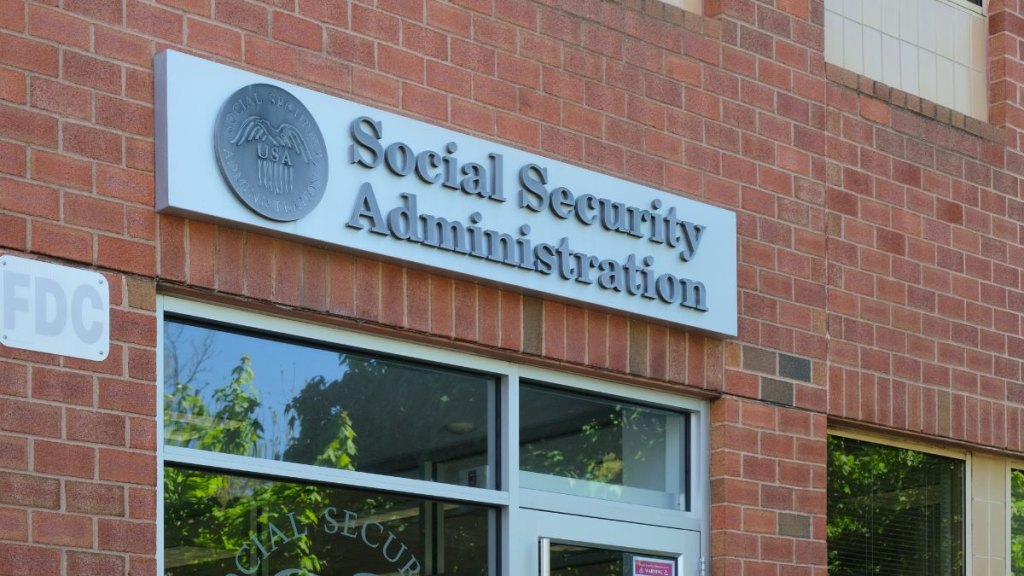 General view of Social Security Administration sign on building wall
