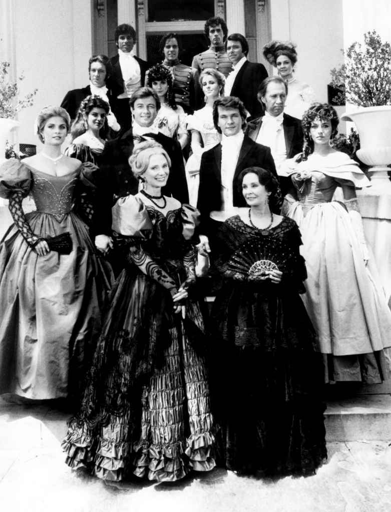 The cast of North and South (top, l to r): William Ostrander, John Stockwell, Lewis Smith, Jonathan Frakes, Wendy Fulton, (l to r, beginning in front): Inga Swenson, Jean Simmons; Wendy Kilbourne, Kirstie Alley, James Read, Patrick Swayze, Lesley-Anne Down; Jim Metzler, Terri Garber, Genie Francis, David Carradine (1985)