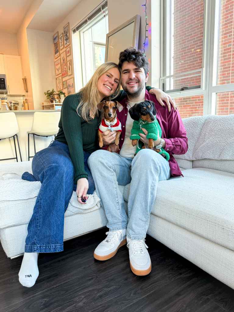 Jenn with her husband, Brian, and their mini dachshunds, Copley and Cashew