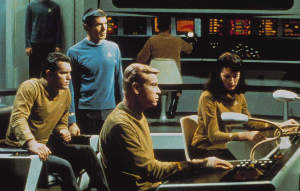 Jeffrey Hunter, Leonard Nimoy, William Shatner and Majel Barret in the rejected 1965 Star Trek pilot