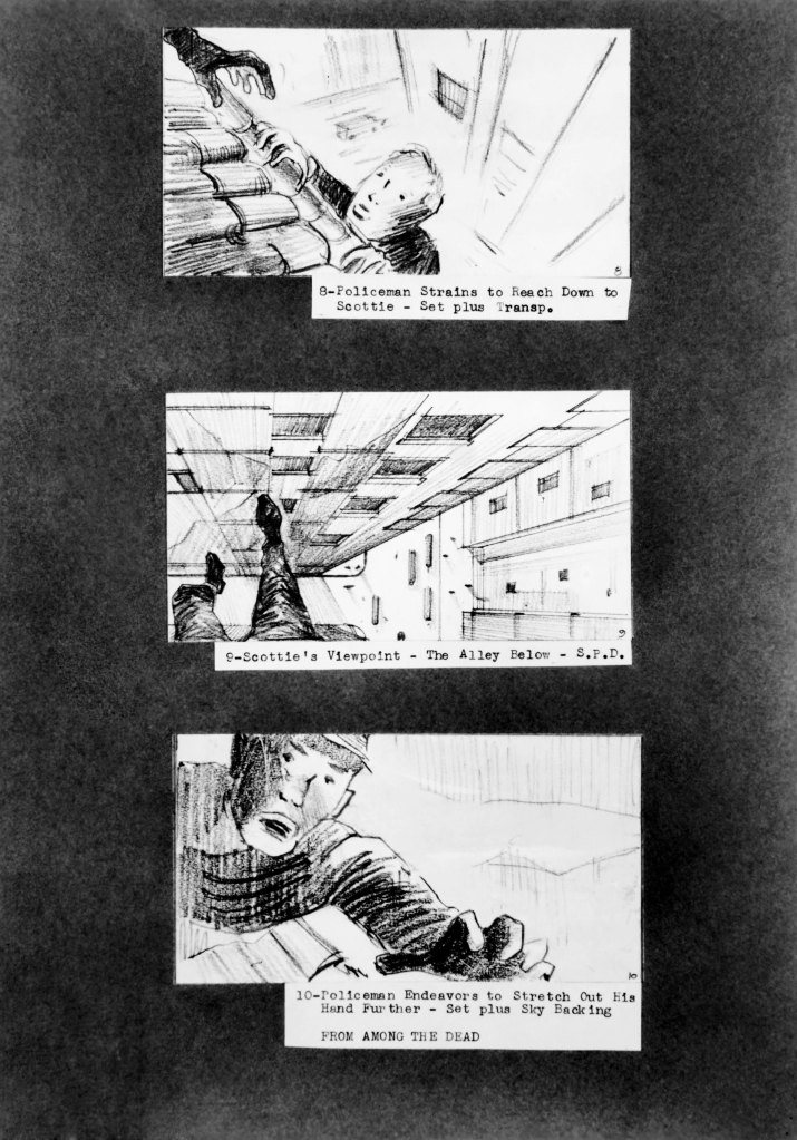 VERTIGO, artist renditions of three scenes in the film taken from original pencil sketches by director Alfred Hitchcock to be shot later, 1958