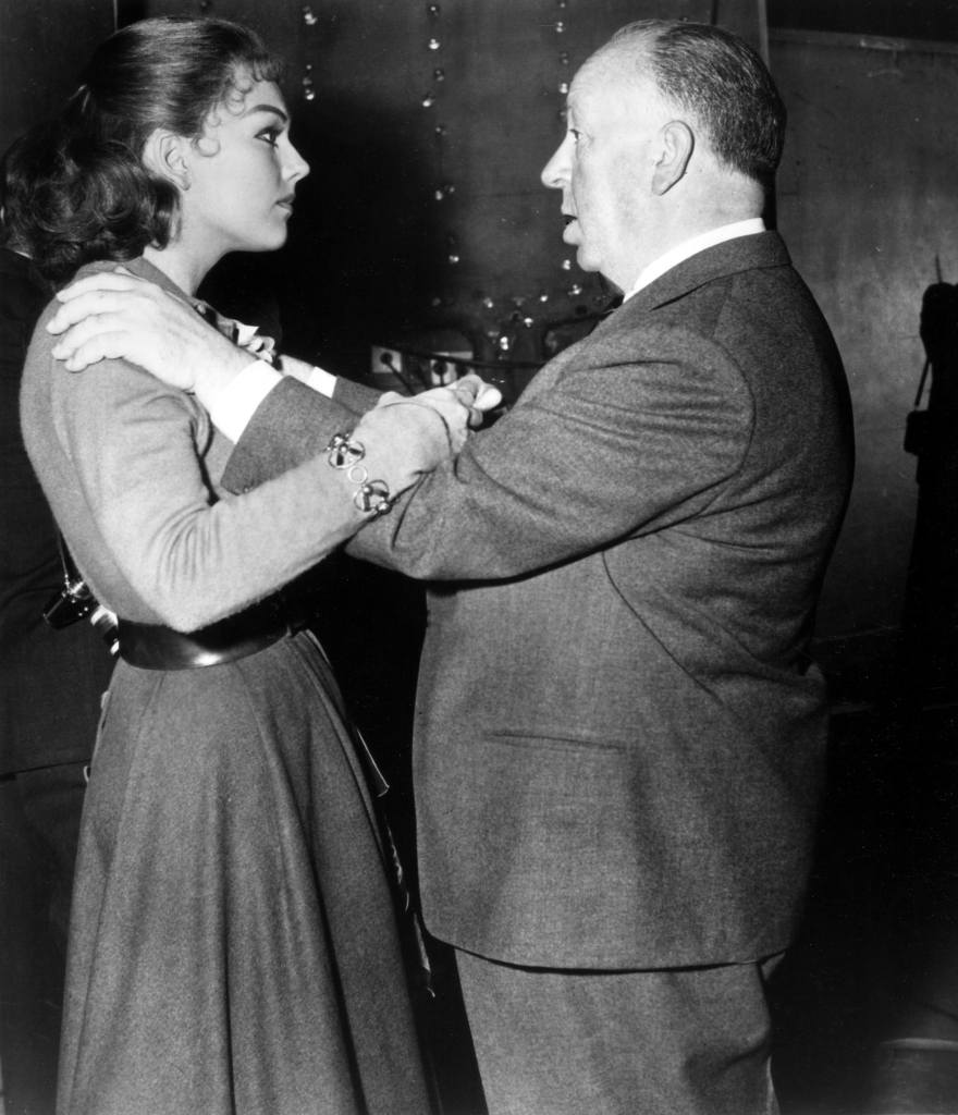 VERTIGO, Kim Novak, director Alfred Hitchcock, on-set, 1958